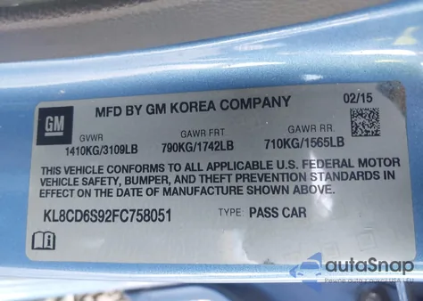 2015 Chevrolet Spark 1Lt Cvt z USA, uszkodzony, nr VIN KL8CD6S92FC758051